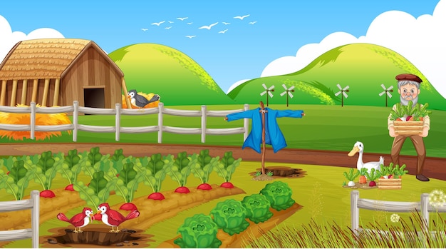 Farm scene with old farmer man and farm animals