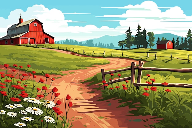 Vector farm scene with red barn dirt road and farm with red barn wildflowers spring landscape