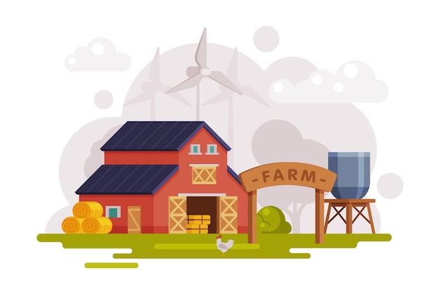 Vector farm scene with red barn house wind turbine and water tower summer rural landscape agriculture and farming concept cartoon vector illustration