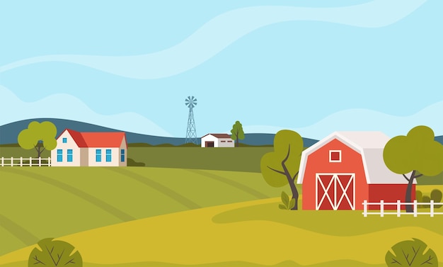 Farm scene with red barn and windmill trees fence haystack rural landscape agriculture and farming