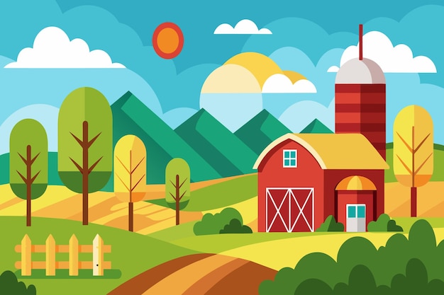 A farm scene with a red barn and a yellow sun in the sky