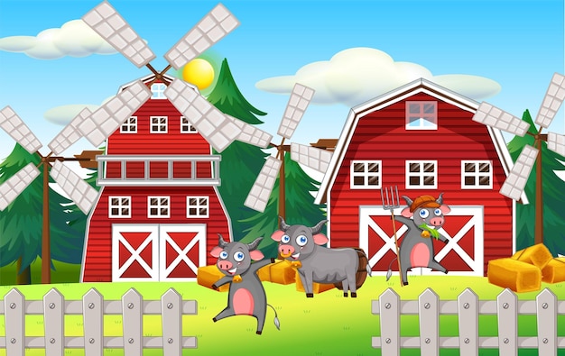 Vector farm scene with three cows in the field