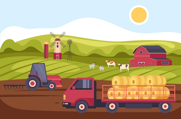 A farm scene with a truck and a tractor with hay bales.