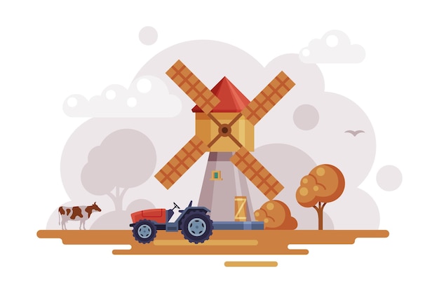 Farm Scene with Vintage Windmill and Tractor at Autumn Rural Landscape Agriculture and Farming Concept Cartoon Vector Illustration