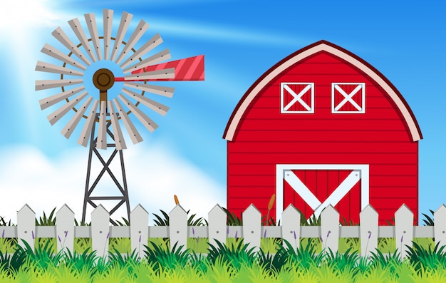 Vector farm scene with windmill and barn