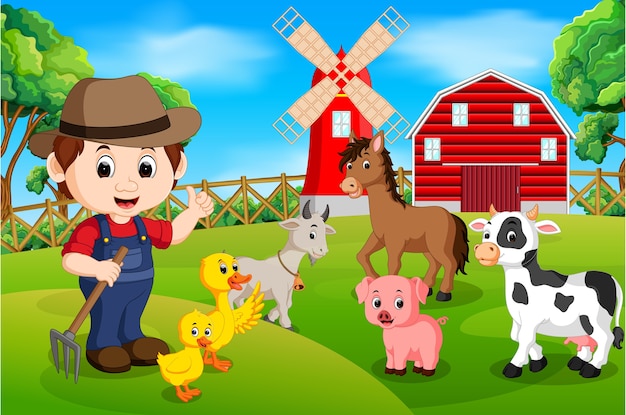Scene di fattoria con molti animali e contadini