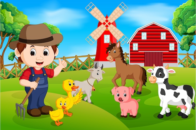 Farm scenes with many animals and farmers