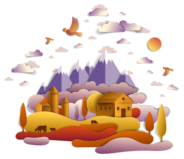 Vector farm in scenic autumn landscape of fields and trees, mountains peaks and country buildings, birds and clouds in sky, cow milk ranch, countryside fall time vector illustration in paper cut style.