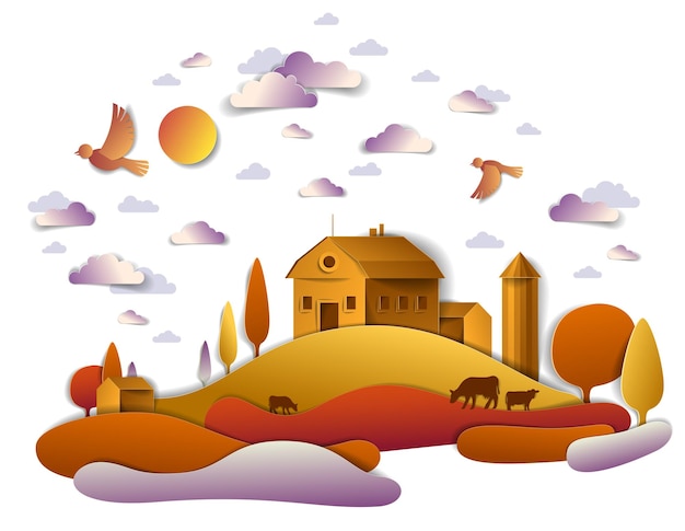 Farm in scenic autumn landscape of fields and trees and wooden
country buildings, birds and clouds in the sky, cow milk ranch,
countryside fall time vector illustration in paper cut style.