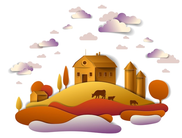 Farm in scenic autumn landscape of fields and trees and wooden\
country buildings, clouds in the sky, cow milk ranch, countryside\
fall time vector illustration in paper cut style.