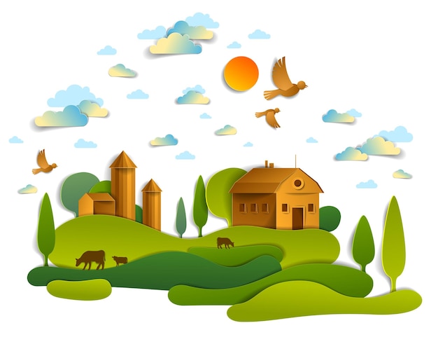 Farm in scenic landscape of fields and trees and wooden country
buildings, birds and clouds in the sky, cow milk ranch, countryside
lazy summer time vector illustration in paper cut style.