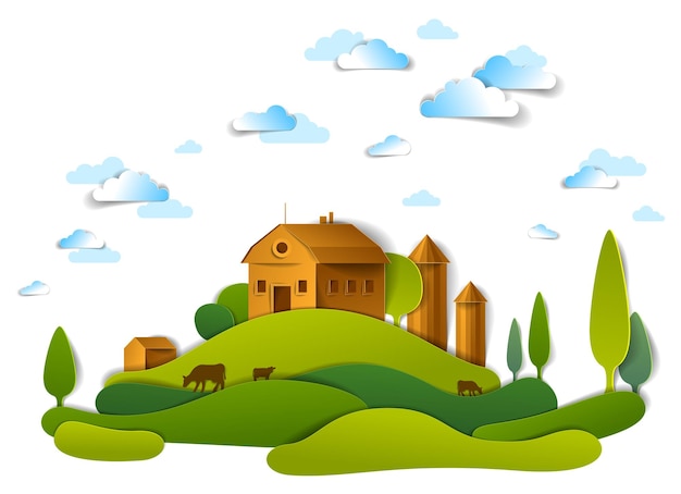 Vector farm in scenic landscape of fields and trees and wooden country buildings, clouds in the sky, cow milk ranch, countryside lazy summer time vector illustration in paper cut style.