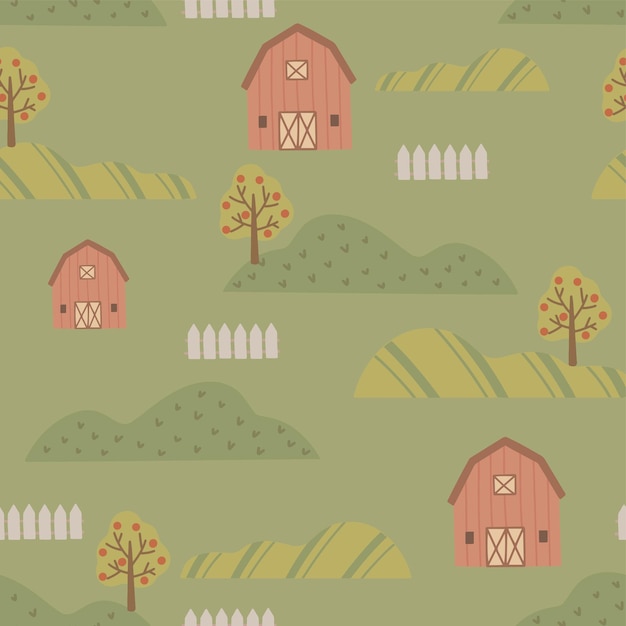 Farm modello senza cuciture primavera disegnato a mano per bambini carini sfondo vintage palette retro