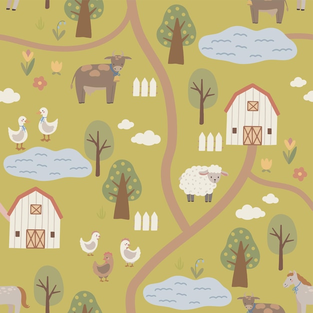 Vettore modello senza cuciture di fattoria con alberi e animali di fattoria disegnati a mano da bambini carini sullo sfondo