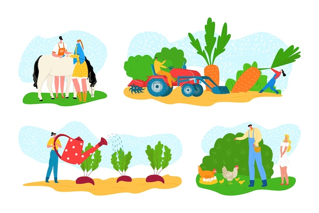 Farm set with animal, cartoon agriculture farming