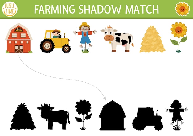 Farm shadow matching activity with traditional country symbols Rural village puzzle with cute cow barn farmer Find correct silhouette printable worksheet or game On the farm page for kidsxA