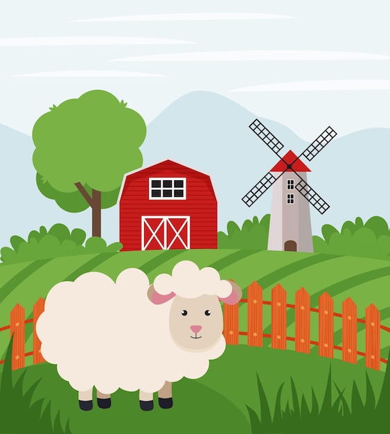 Farm sheep on farmland Rural landscape Flat vector illustration of country side ranch Eps 10