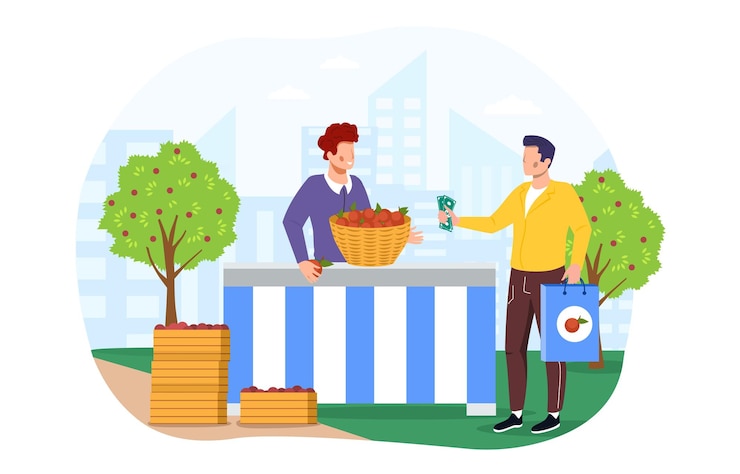 Vector farm shop local eco market outdoor street market stalls summer trade tents with sellers and buyers