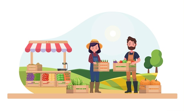 Фермерский магазин местный киоск рынок поддержка концепции местных фермеров плоская векторная иллюстрация