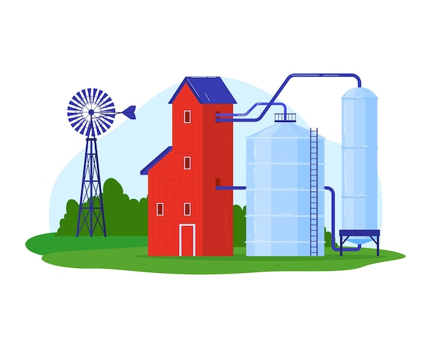 Farm storage building countryside rural farming barn vector illustration nature landscape with agriculture field land harvest country house