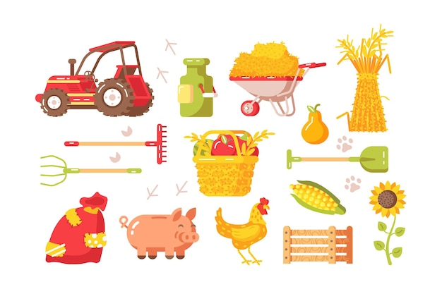 Vector farm symbols set vector illustration collection contists of tractor kaleyards equipment animals plants vegetables and fruits flat style design agriculture and farming concept isolated on white