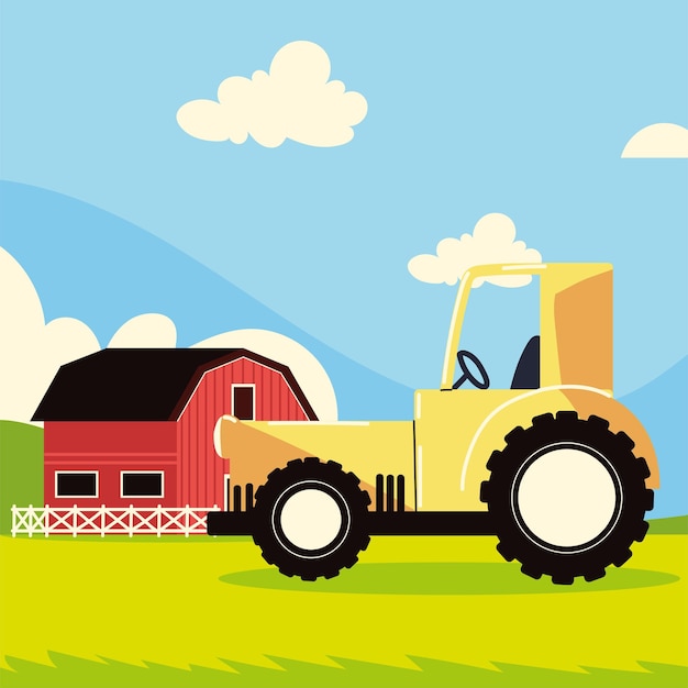 Vector farm tractor and barn