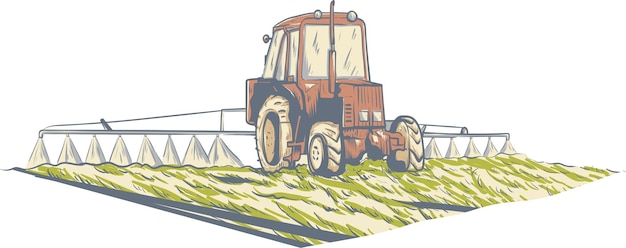 Vector farm tractor on a field illustration