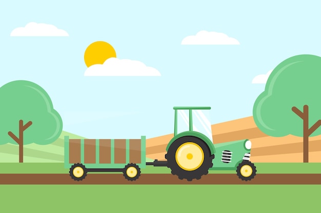 Vector farm tractor green agricultural field rural feel flat design vector illustration