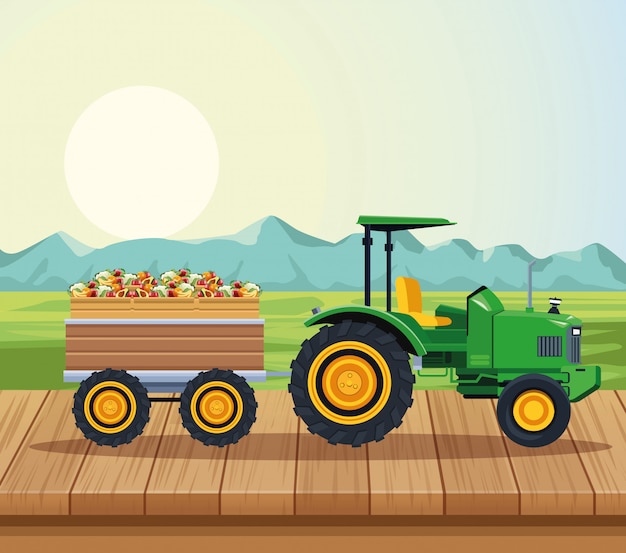 Vector farm tractor pushing fruits with cart