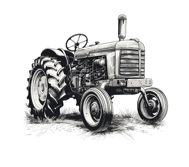 Vector farm tractor retro sketch agricultural machinery vector illustration