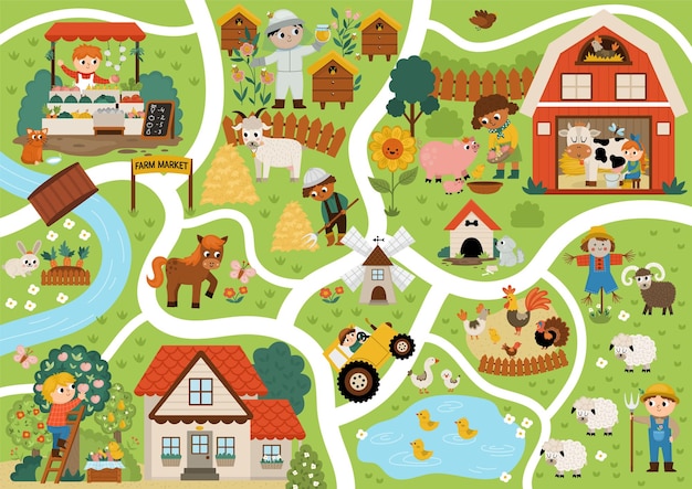 Vector farm village map country life background vector rural area scenes infographic elements with animals children barn tractor countryside plan with field pasture apiary cottage garden marketxa