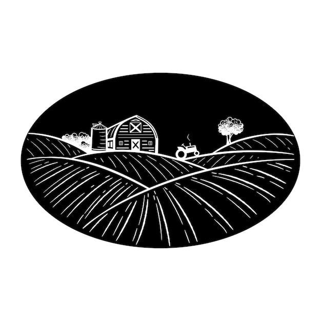 Farm warehouse hangar among the fields on black Farming engraving agribusiness and organic products