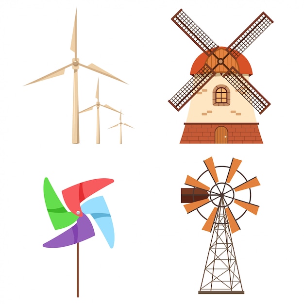 Вектор Ферма ветряная мельница, электрическая ветряная турбина, набор бумажных вертушек. альтернативная экология энергии плоский мультфильм иконки коллекции, изолированных на белом