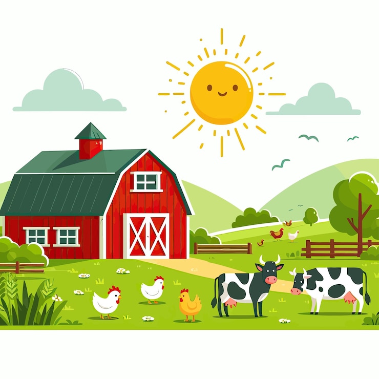 Vector a farm with a barn and chickens on the background