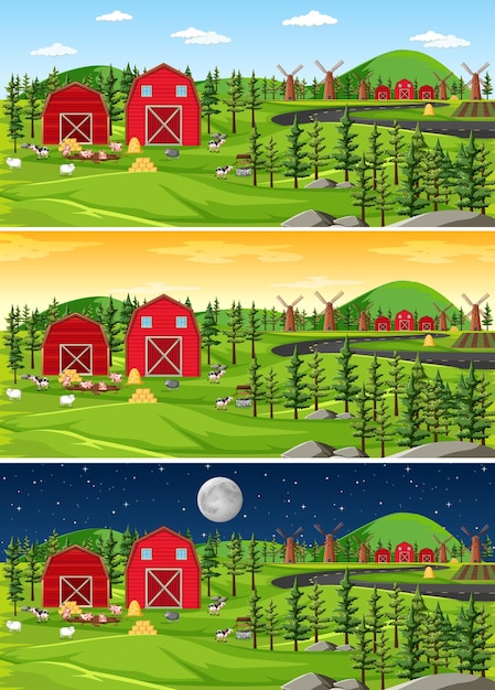 farm with barn and windmill in nature landscape at different times of day