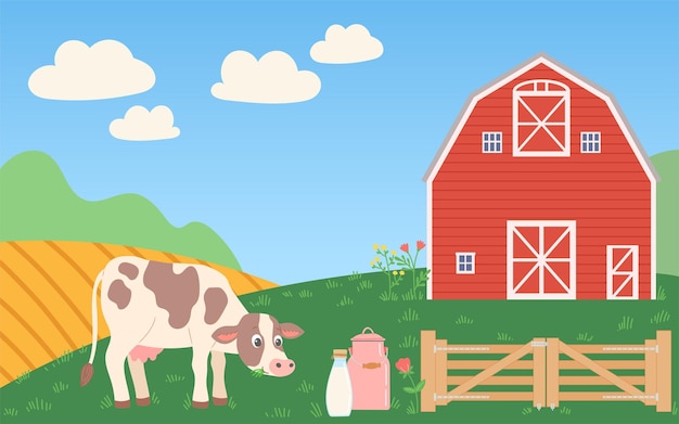 Farm with cow and barn wooden fence and green flat design vector illustration