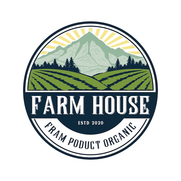 farm with mountains. vintage emblem logo concept.