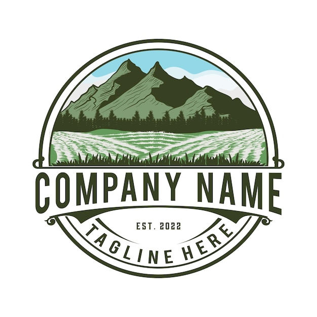 farm with mountains vintage emblem logo concept