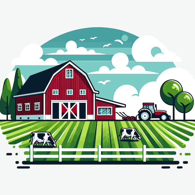 Vector a farm with a red barn and farm animals on the farm