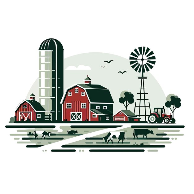 A farm with a red barn and farm animals