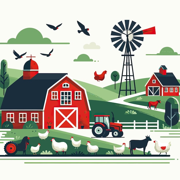 a farm with a red barn and a farm with a farm in the background