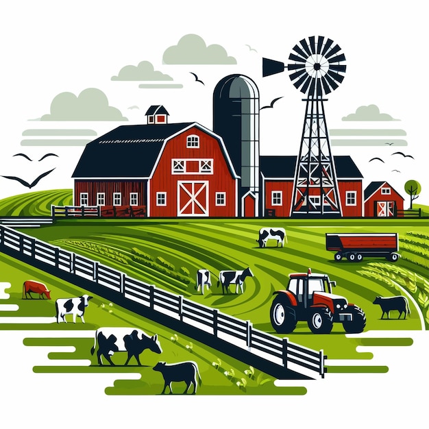 a farm with a tractor and a farm with a farm in the background