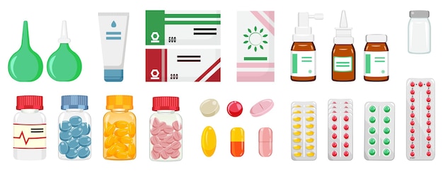 Vector farmaceutische set medicijnen in verschillende doseringsvormen.