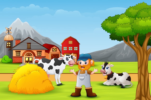 農家と農場の動物の風景