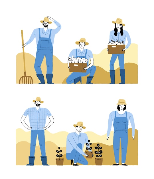 Вектор Фермер и садовник в различных действиях и позах сажают урожай
