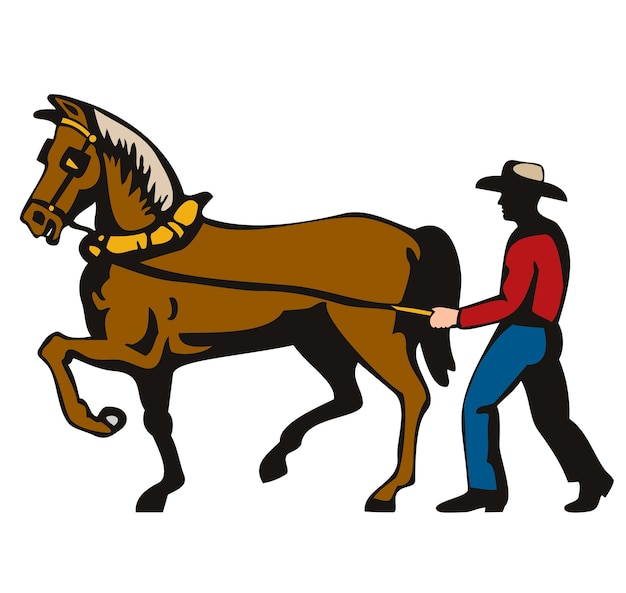 Вектор Фермер и рабочая лошадь боковой вид изолированный ретро стиль