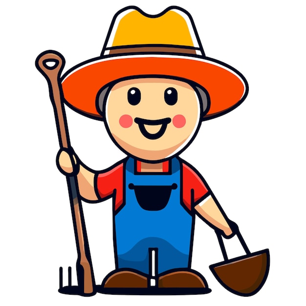 Farmer builder gardening tools constructor hand drawn flat stylish cartoon sticker icon concept