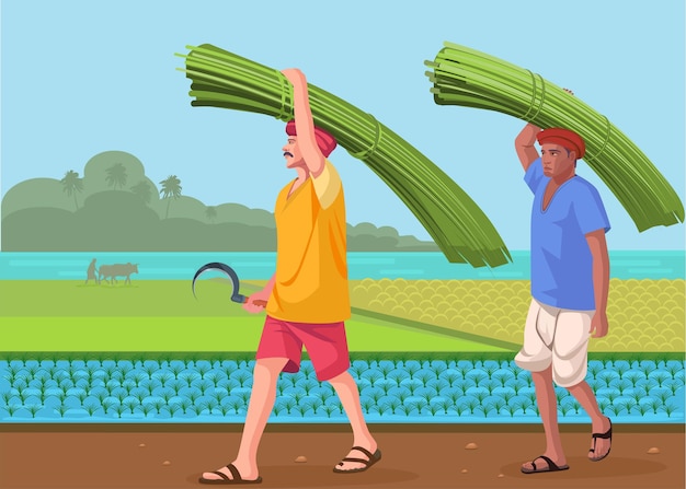 Vector a farmer carrying crop on head landscape