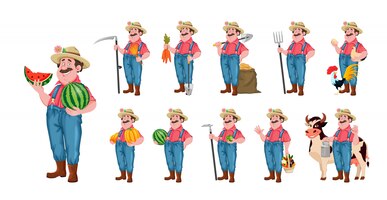 Vector farmer cartoon character, set of eleven poses