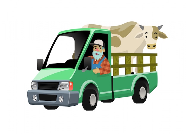 Farmer cartoon driving truck transporting the cow